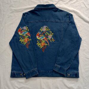 Asian Style Embroidered Denim Jacket sz M Floral Pheasant Boho Y2K